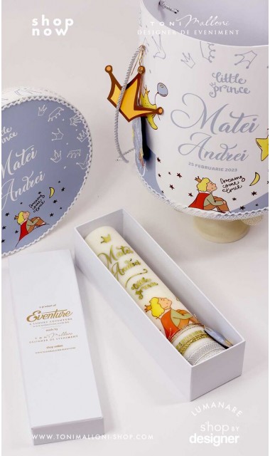 Lumanare stalp scurta pentru botez cu Micul Print folio gold 4